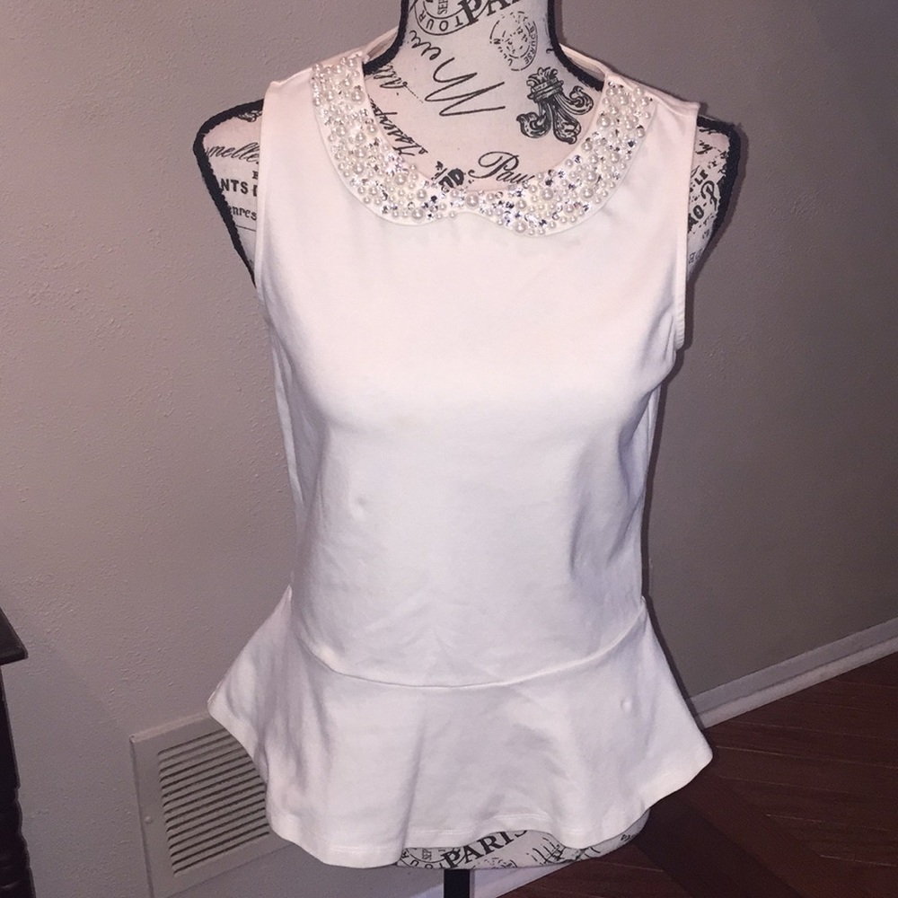 Ann Taylor Off white peplum pearl Collar blouse